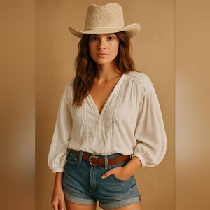 Free People Western Tan Crochet Woven Straw Hat One Size Country Cowgirl Rodeo